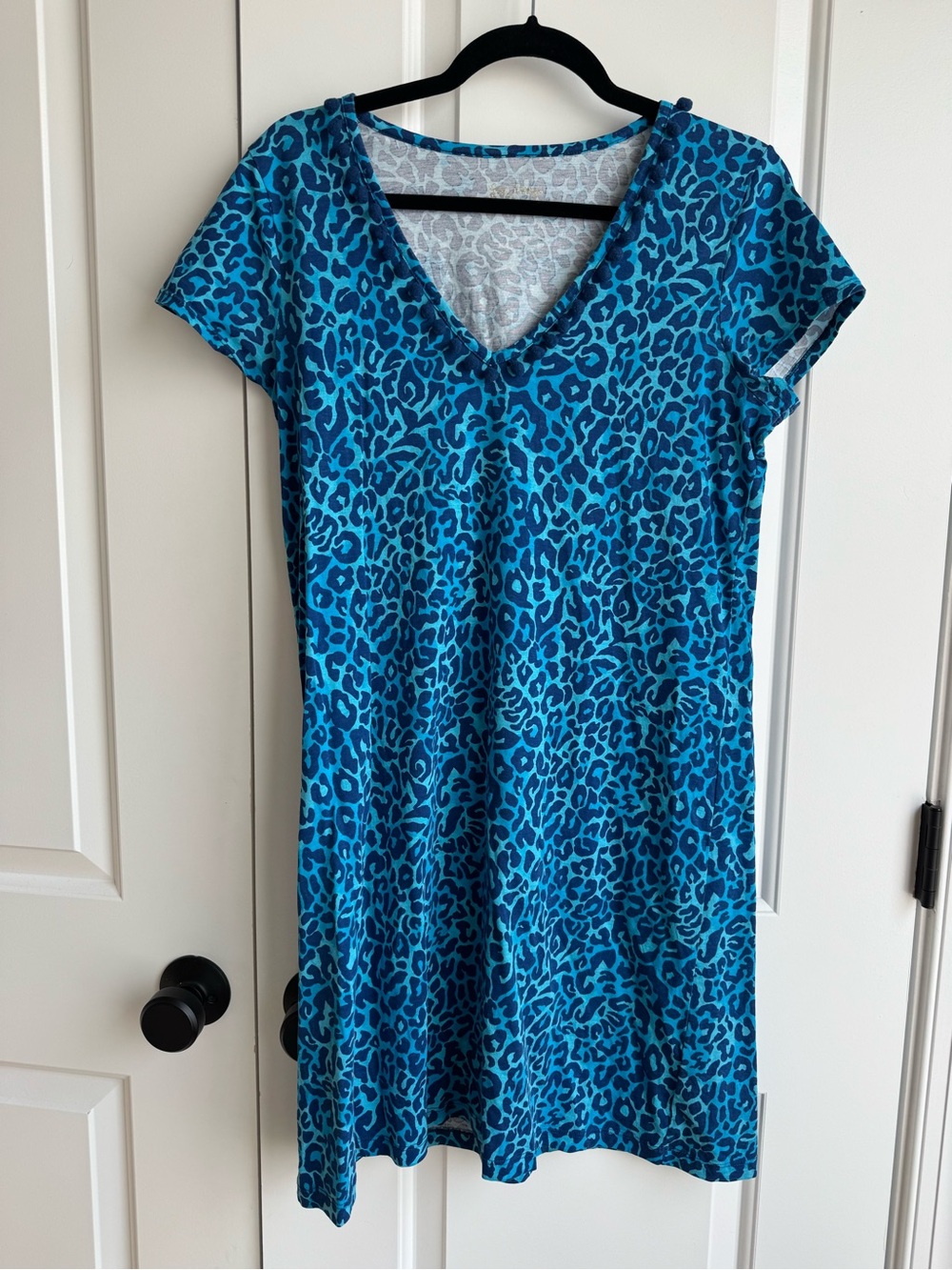 Lilly Pulitzer Etta Blue Leopard Pom Pom Dress M 100% Pima Cotton